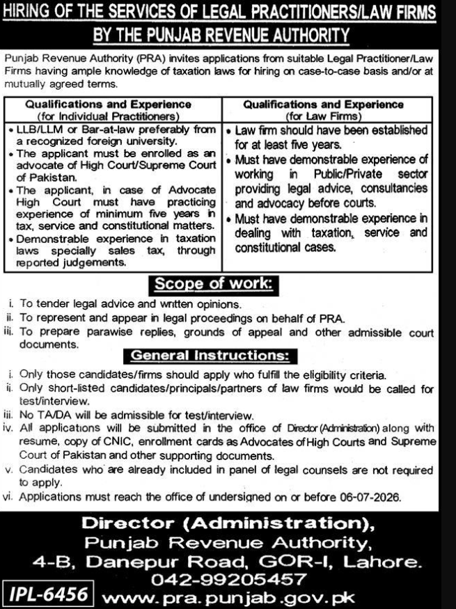Punjab Revenue Authority PRA Lahore Jobs 2026