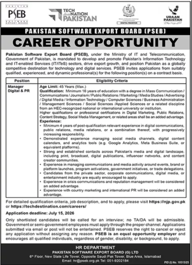 Pakistan Software Export Board PSEB Islamabad Jobs 2026