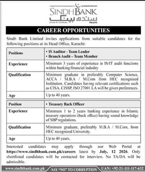 Sindh Bank Limited Karachi Jobs 2026