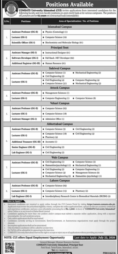 Comsats University Islamabad Jobs 2026