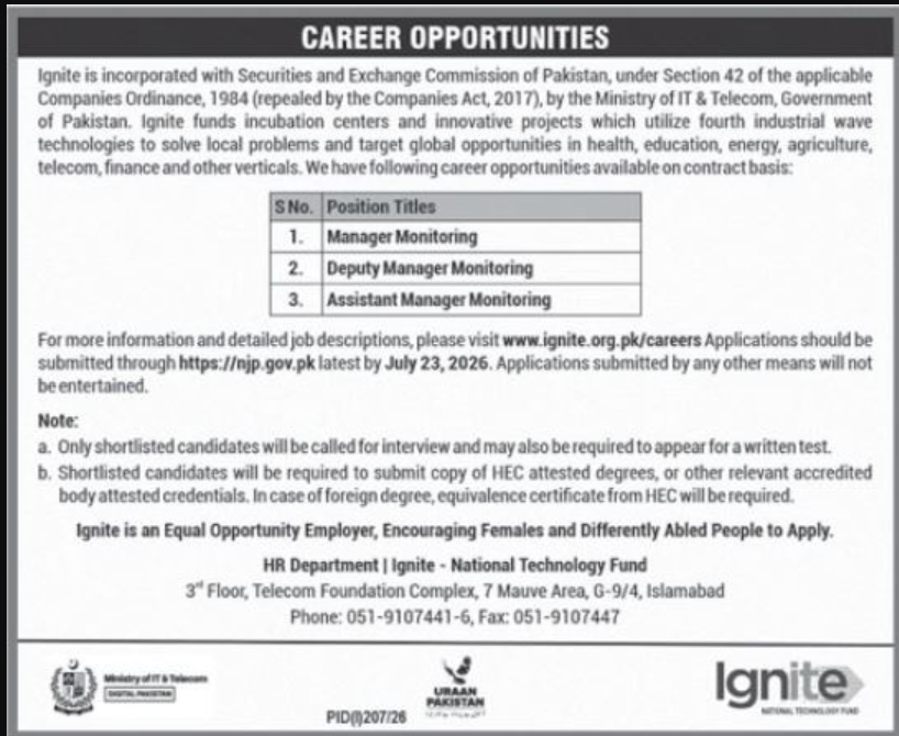 Ignite National Technology Fund Islamabad Jobs 2026