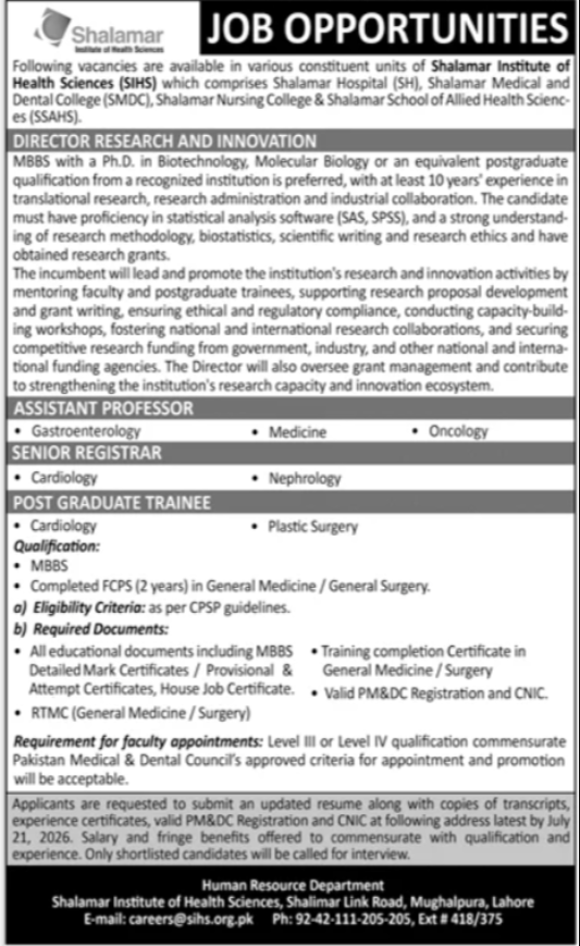 Shalamar Institute Of Health Sciences Lahore Jobs 2026