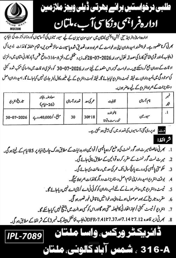 Water And Sanitation Agency WASA Multan Jobs 2026