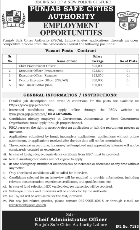 Punjab Safe Cities Authority PSCA Lahore Jobs 2026