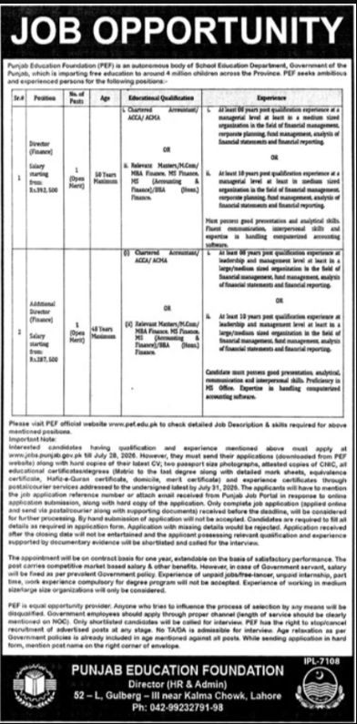 Punjab Education Foundation Lahore Jobs 2026