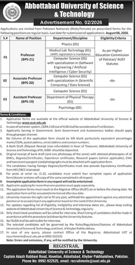 Abbottabad University Of Science And Technology Jobs 2026