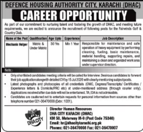 Defence Housing Authority DHA Karachi Jobs 2026