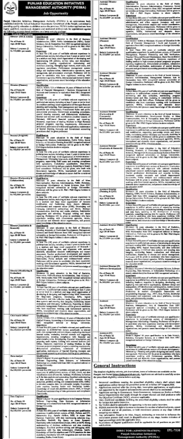 Punjab Education Initiative Management Authority PEIMA Jobs 2026
